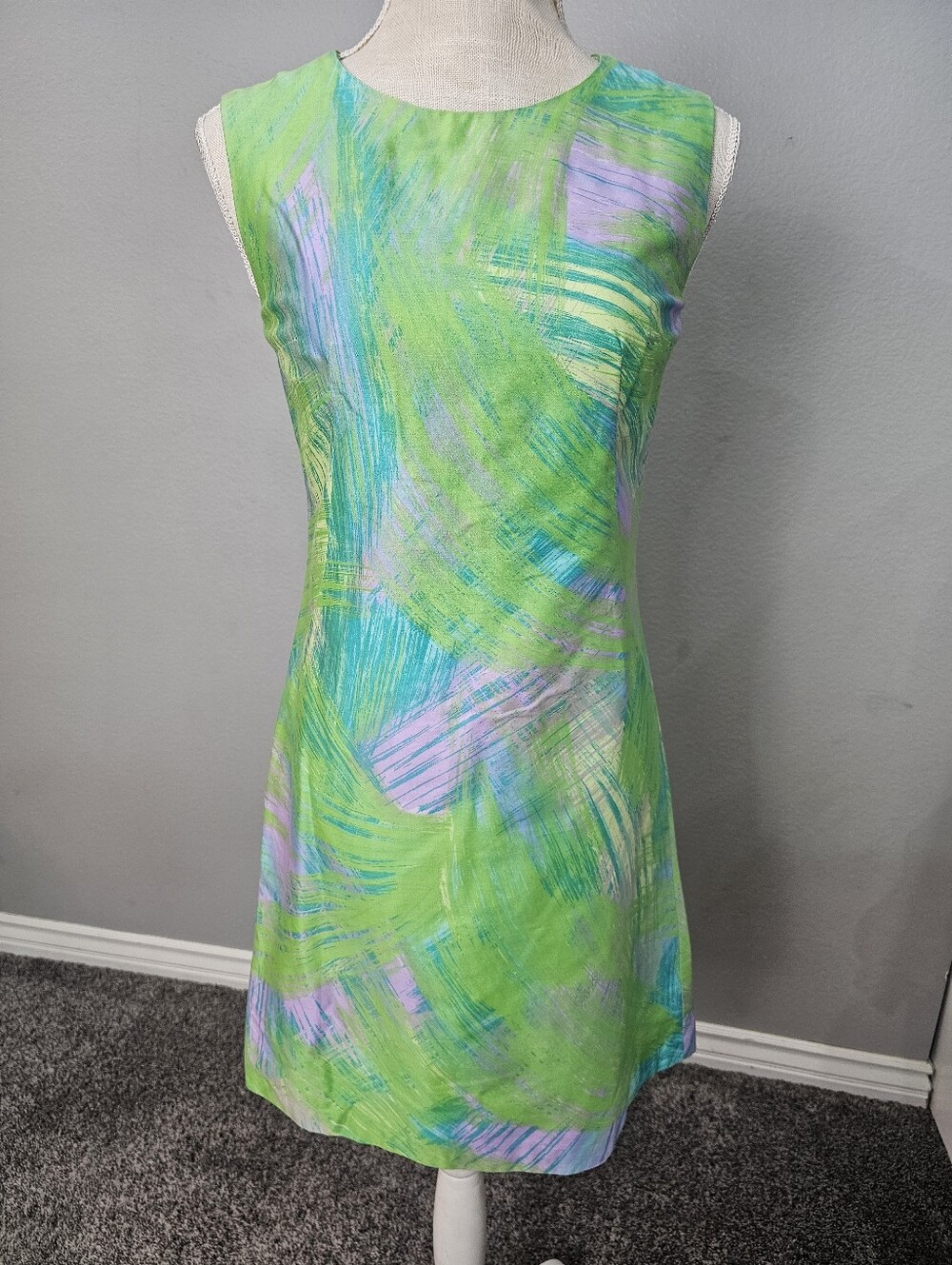 Womens Sleeveless Shift Dress Abstract Brushstroke Pattern Green Blue Medium